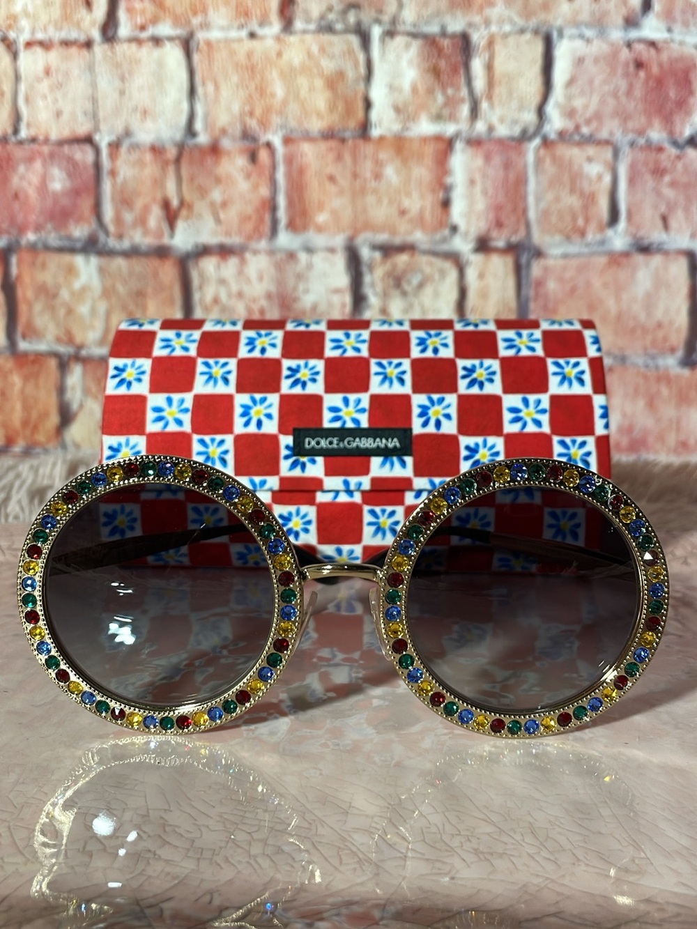 Dolce & Gabbana Gold Round Sunglasses with Multicolor Crystal Accents